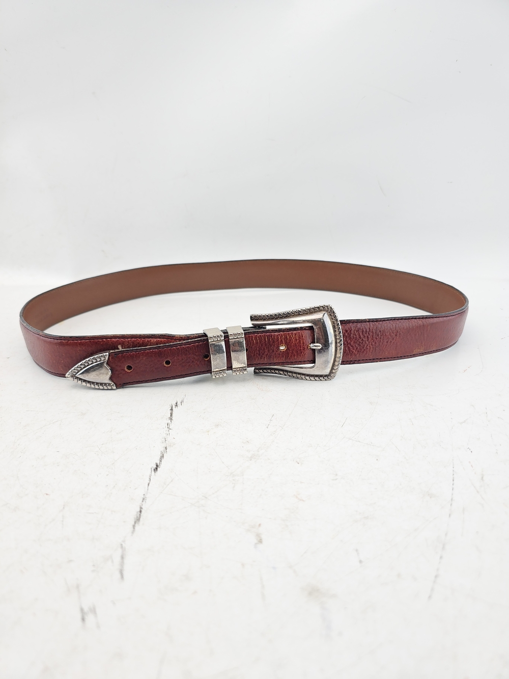 Brighton Narrow Burgundy Leather Belt with Decorative Silver-Tone Buckle 34"